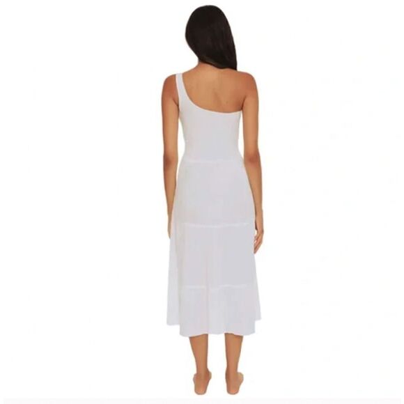 BECCA White One Shoulder Ponza Smocked Gauze Swim Cover-up Midi Dress Sz Medium - Picture 2 of 4